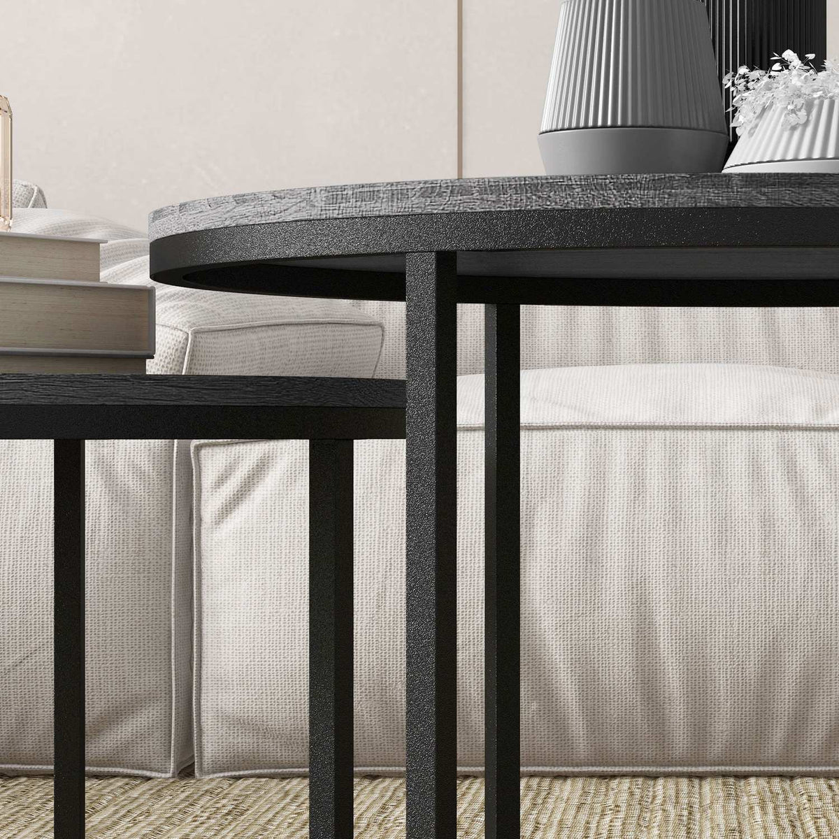 Round Coffee Table Set of 2 Stackable Side Tables with Metal Frame, Living Room Table with Wood Look Coffee Table for Living Room Bedroom Black