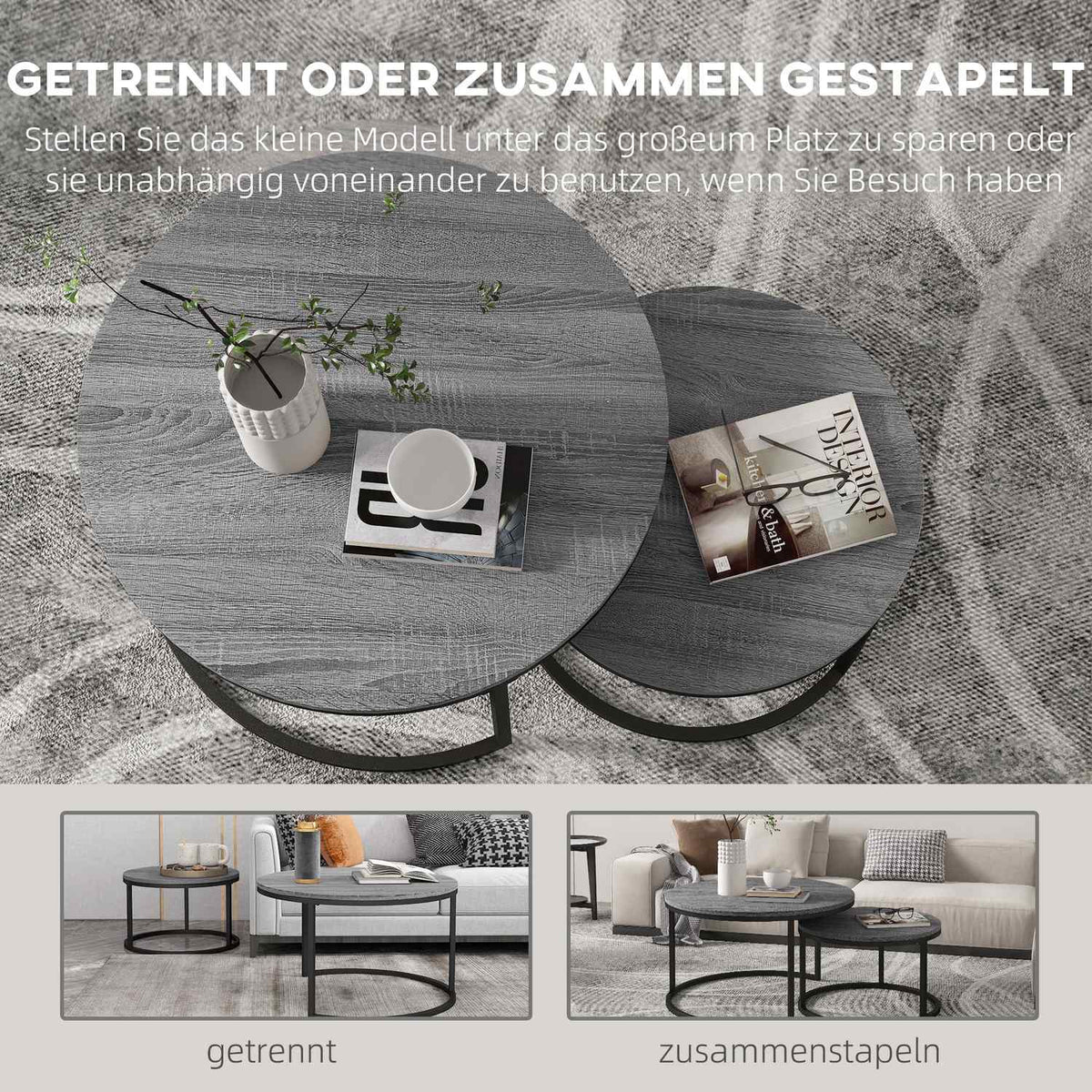 Round Coffee Table Set of 2 Stackable Side Tables with Metal Frame, Living Room Table with Wood Look Coffee Table for Living Room Bedroom Black