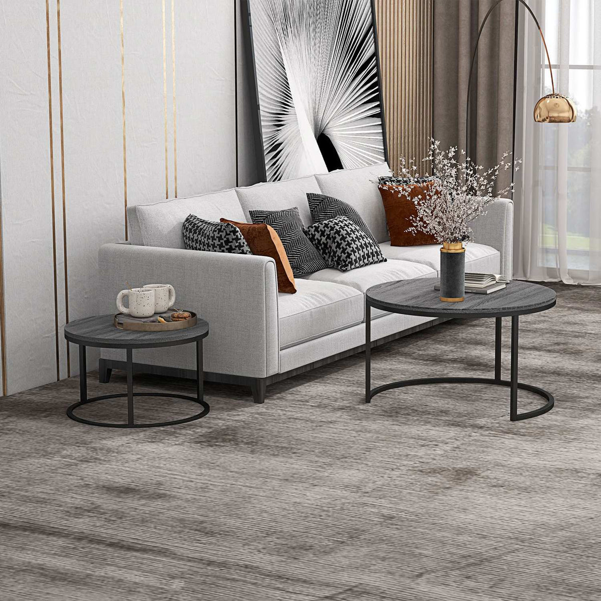 Round Coffee Table Set of 2 Stackable Side Tables with Metal Frame, Living Room Table with Wood Look Coffee Table for Living Room Bedroom Black