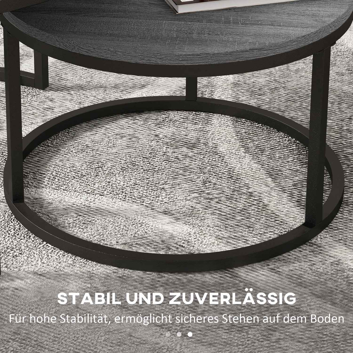 Round Coffee Table Set of 2 Stackable Side Tables with Metal Frame, Living Room Table with Wood Look Coffee Table for Living Room Bedroom Black