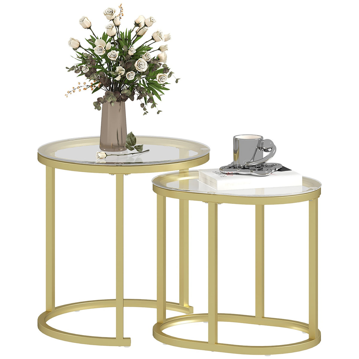Round Coffee Table Set of 2 Stackable Side Tables with Steel Frame, Living Room Table Coffee Table for Living Room Bedroom Gold