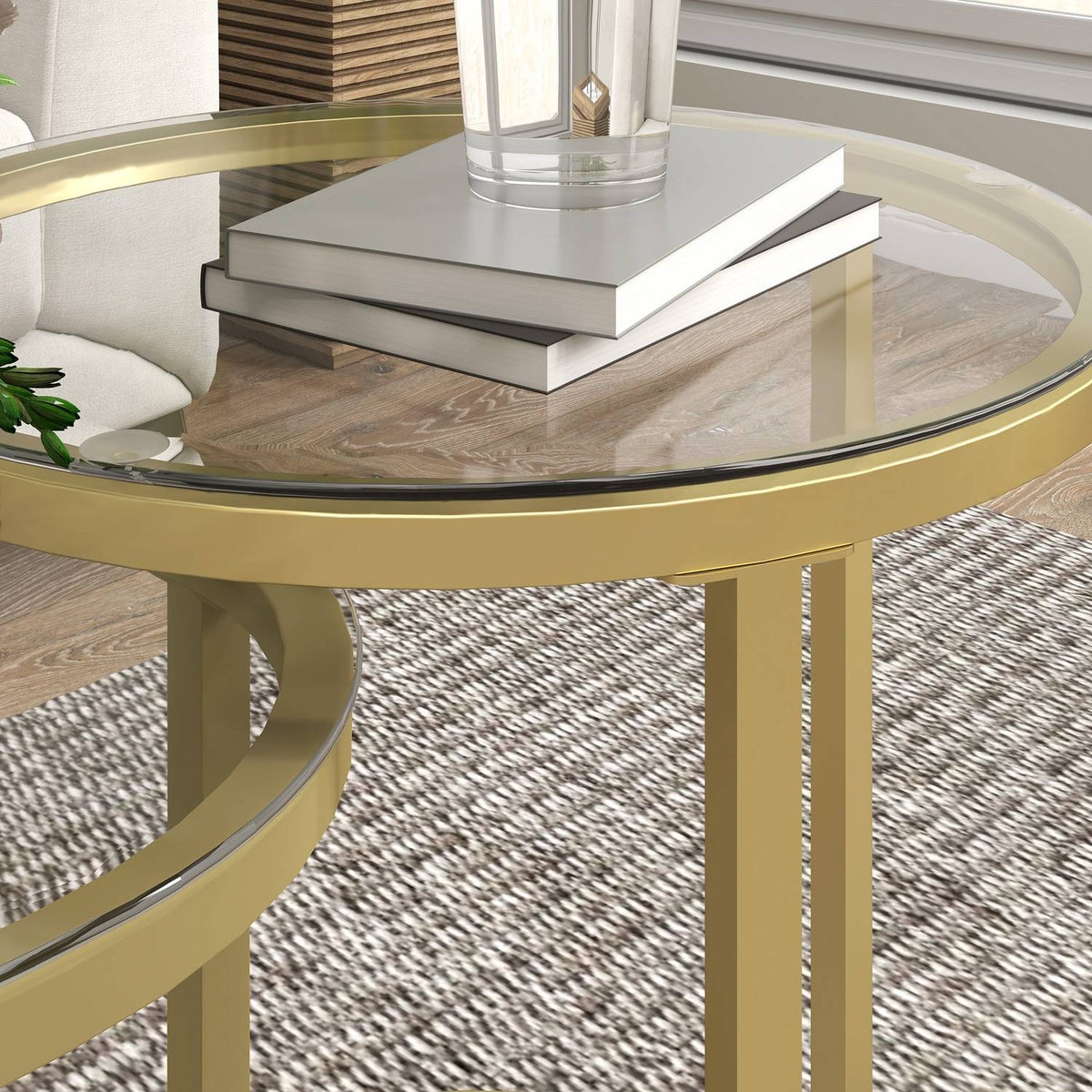 Round Coffee Table Set of 2 Stackable Side Tables with Steel Frame, Living Room Table Coffee Table for Living Room Bedroom Gold