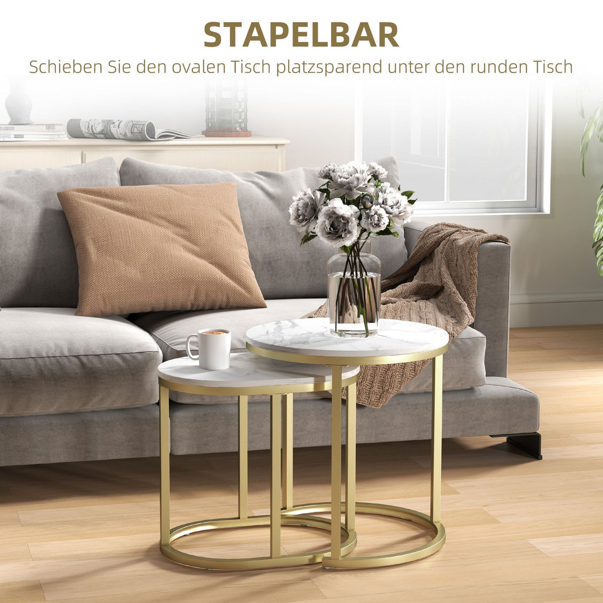 Round Coffee Table Set of 2 Stackable Side Tables with Steel Frame, Living Room Table Coffee Table for Living Room Bedroom White