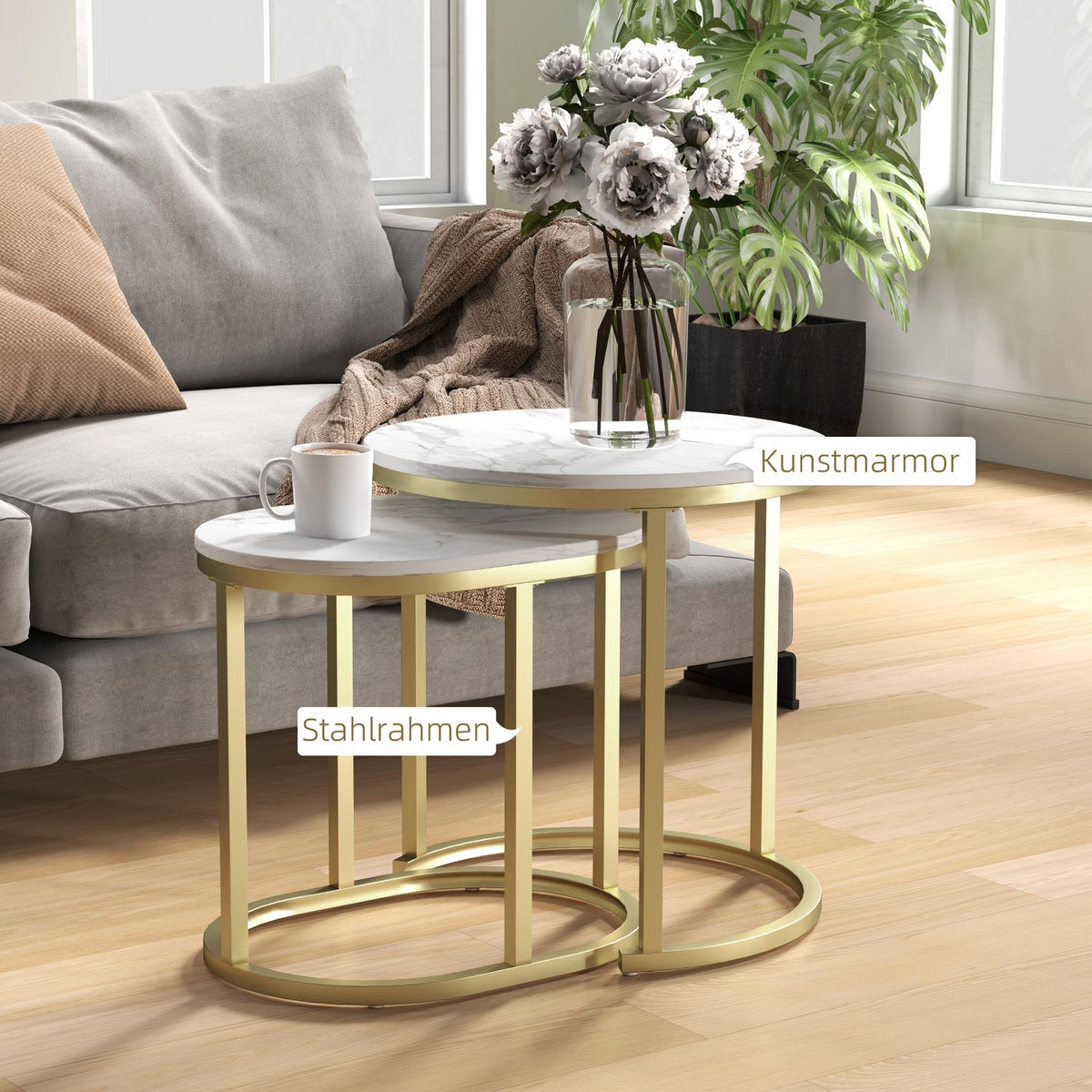 Round Coffee Table Set of 2 Stackable Side Tables with Steel Frame, Living Room Table Coffee Table for Living Room Bedroom White