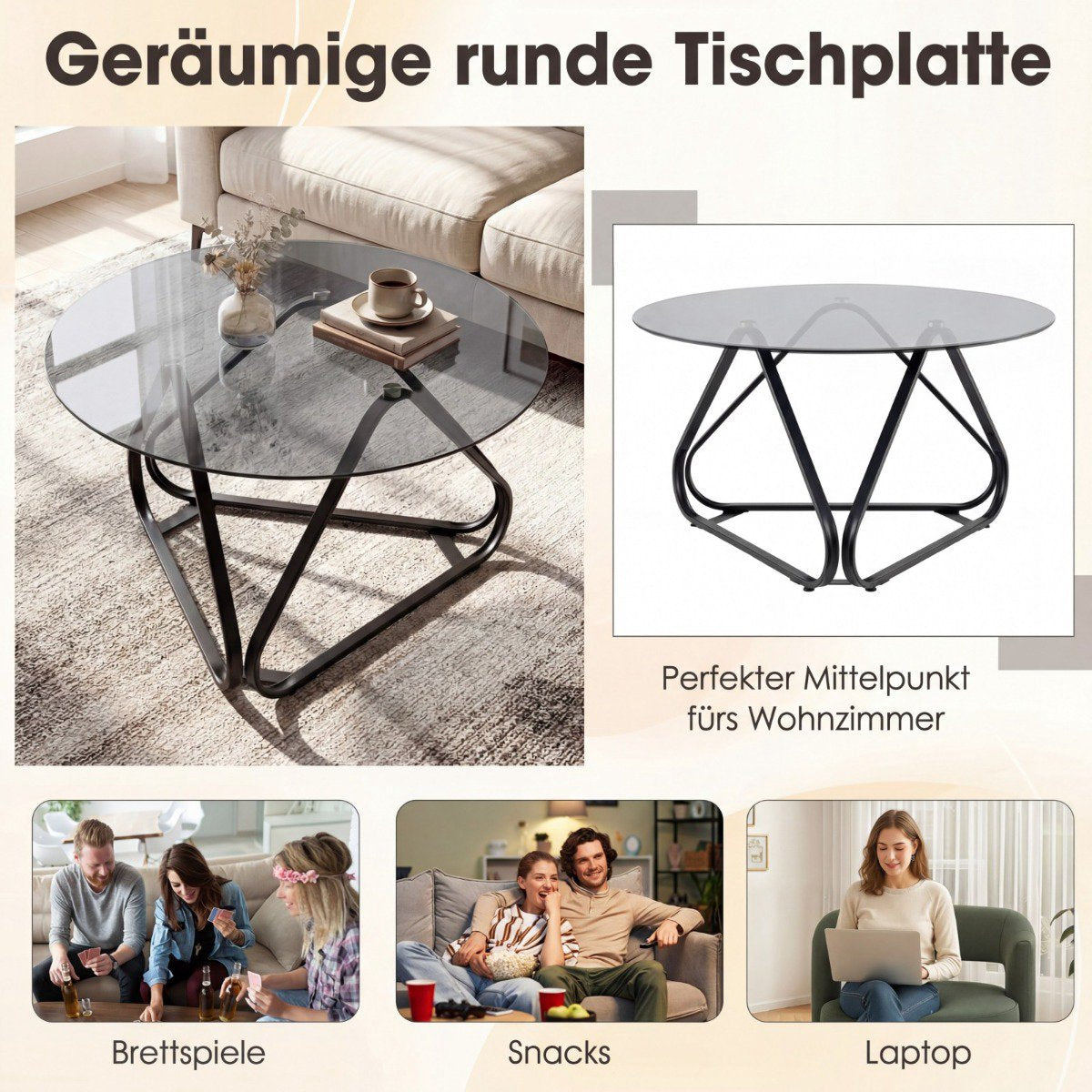 Round Coffee Table, Tempered Glass & Metal Frame, 80x80 cm