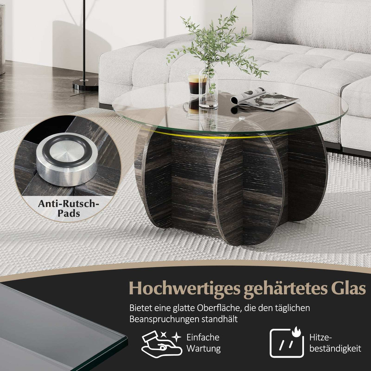 Round Coffee Table, Tempered Glass Top, Hidden Storage