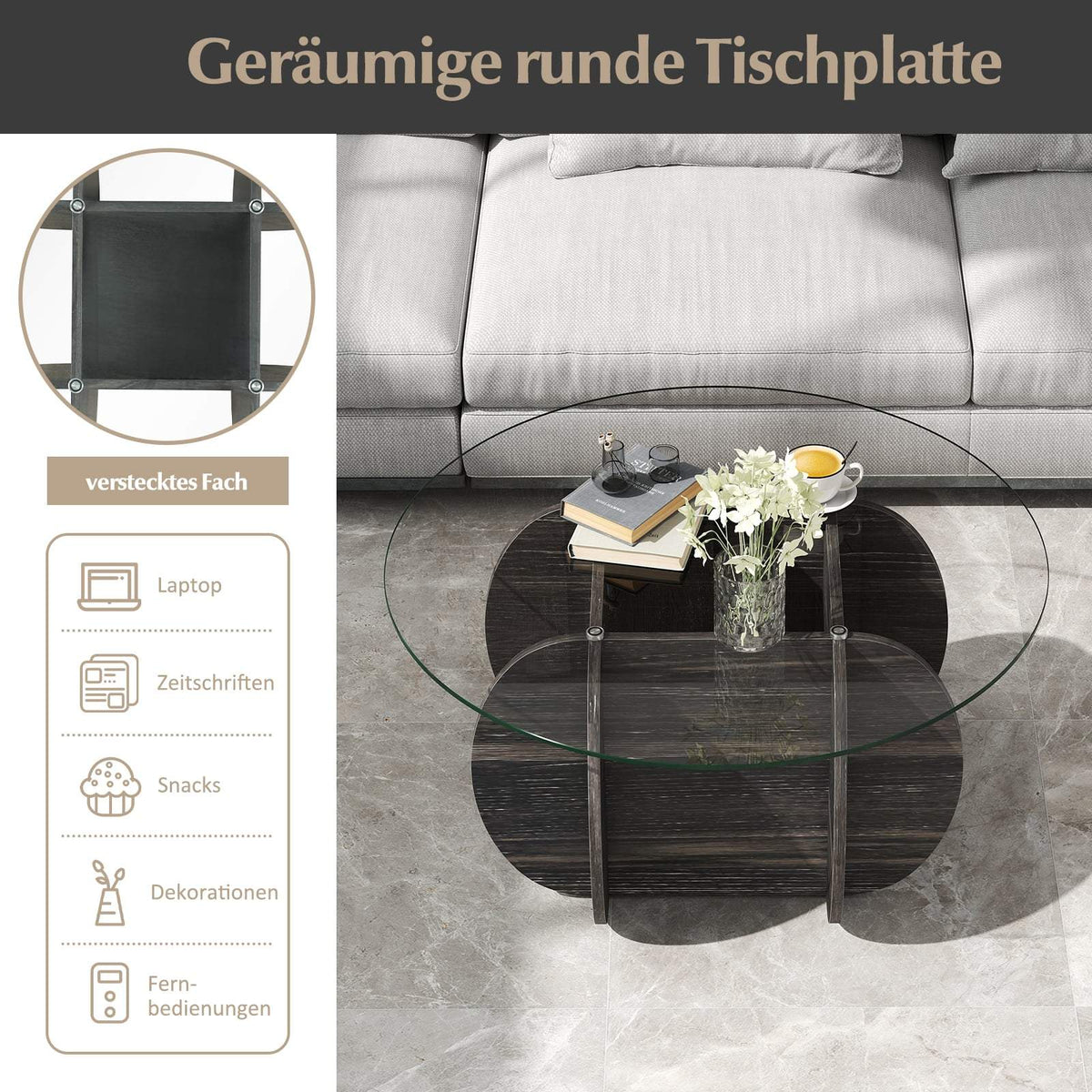 Round Coffee Table, Tempered Glass Top, Hidden Storage
