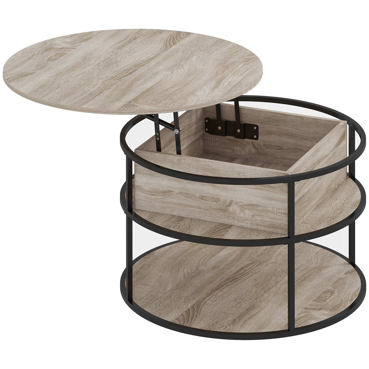 Round Coffee Table with Lift-Top, Storage, Oak Finish