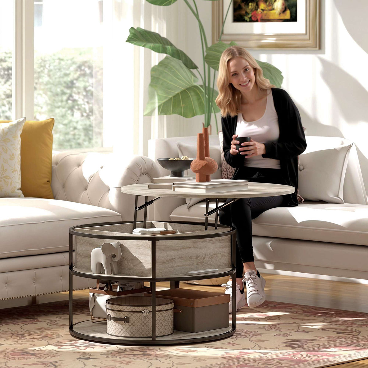Round Coffee Table with Lift-Top, Storage, Oak Finish