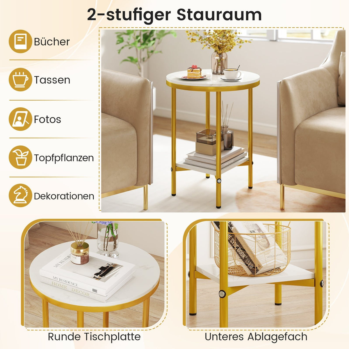 Round Coffee Table with Marble Look, 2-Tier, White/Gold