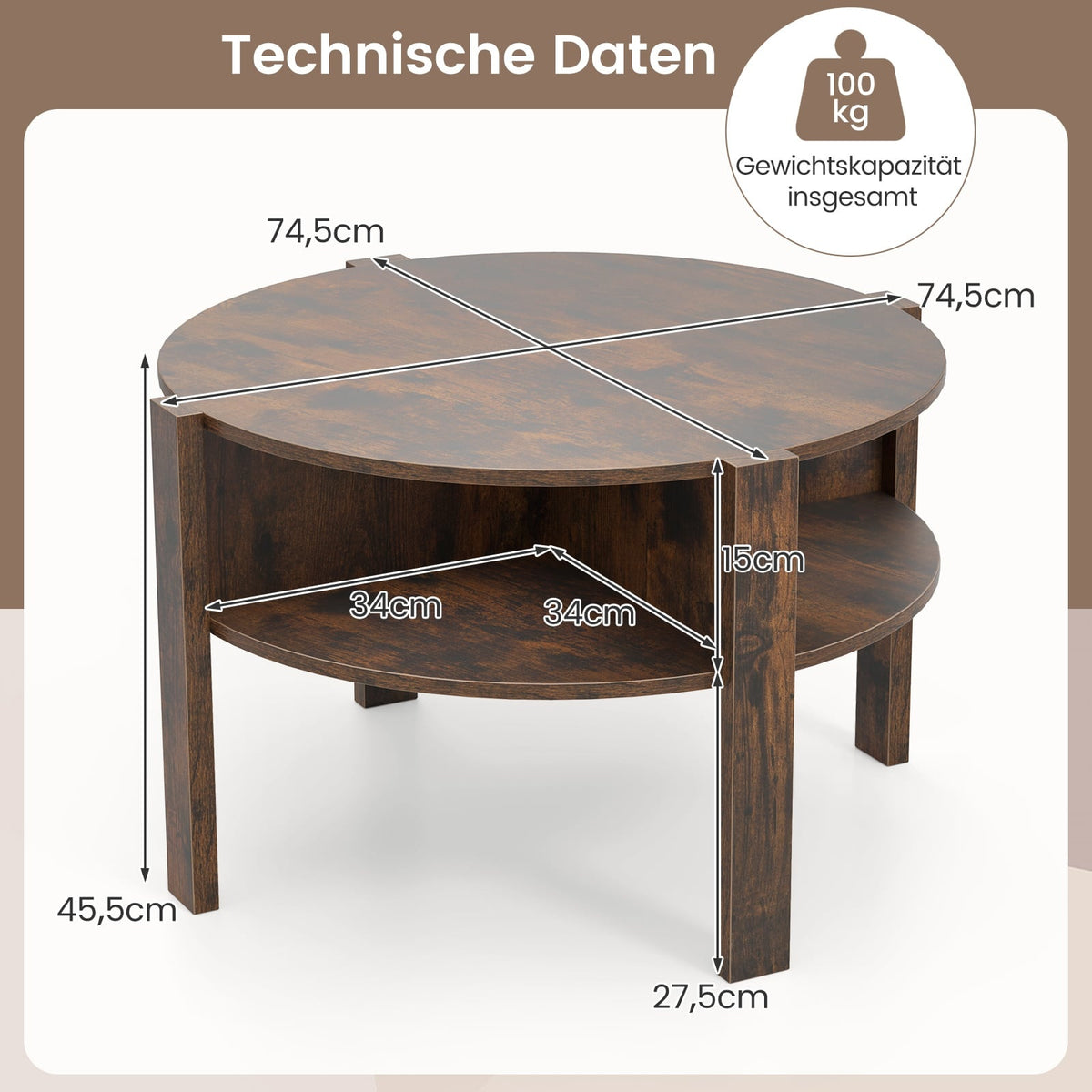 Round Coffee Table with Storage, Wood, 4 Shelves, Brown