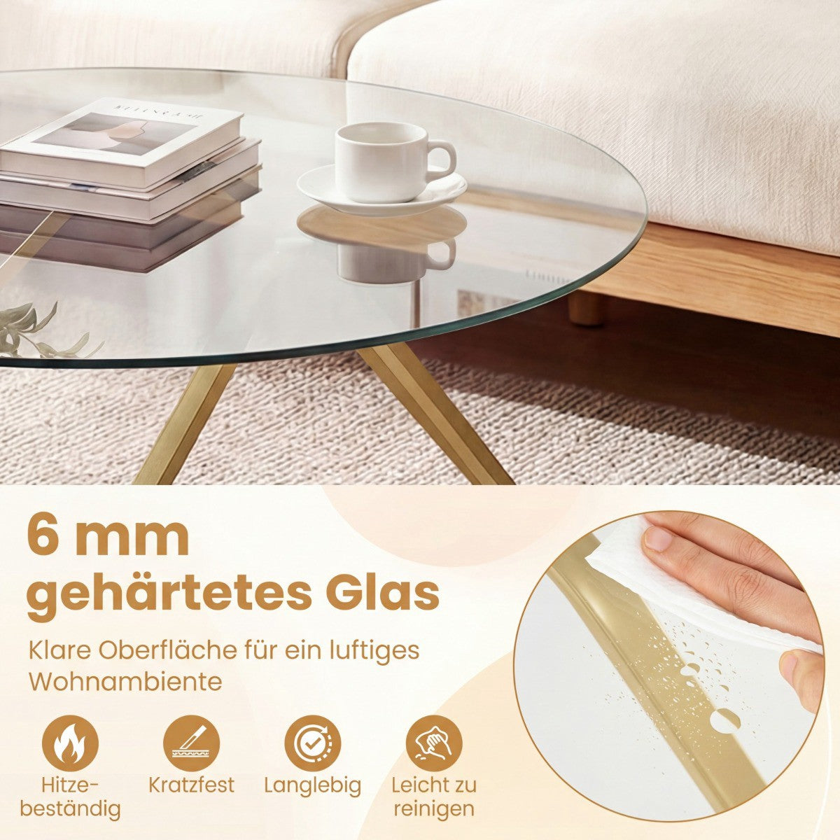 Round Coffee Table with Tempered Glass & Metal Frame