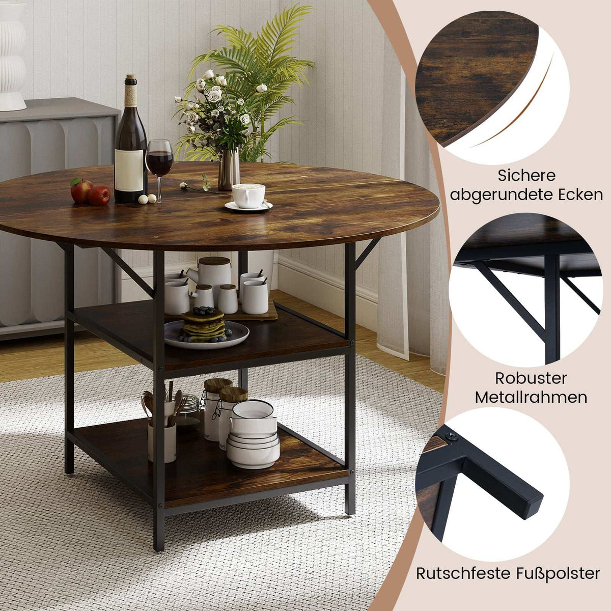 Round Dining Table, 120 cm, 4-6 Seats, 2-Tier Shelf