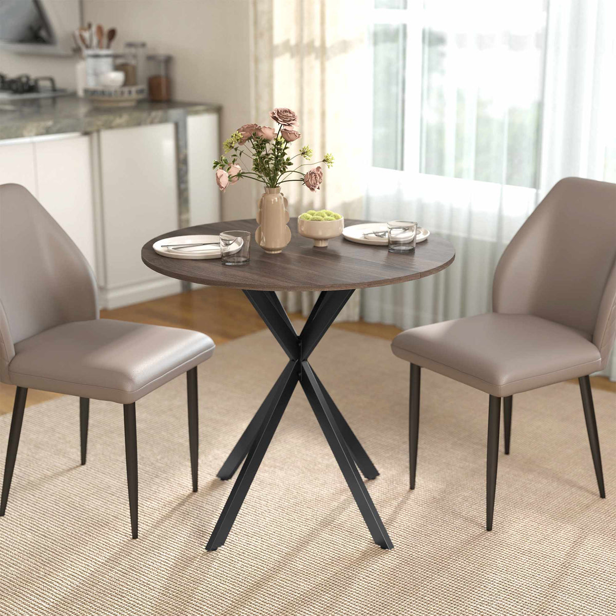 Round Dining Table, 80 cm, Wood Look, Metal Legs, Brown