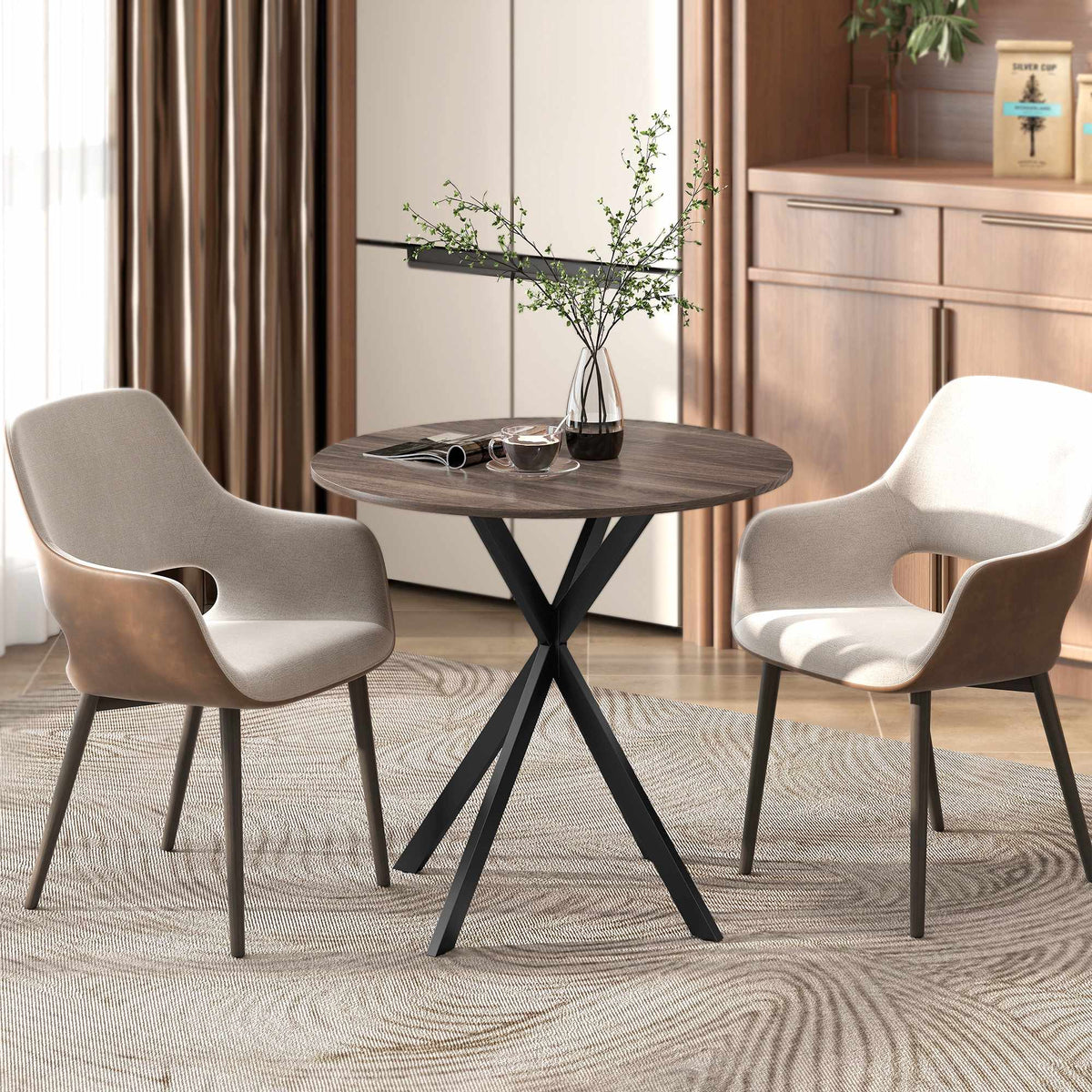 Round Dining Table, 80 cm, Wood Look, Metal Legs, Brown