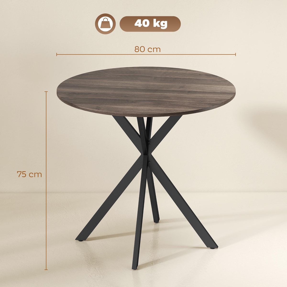 Round Dining Table, 80 cm, Wood Look, Metal Legs, Brown