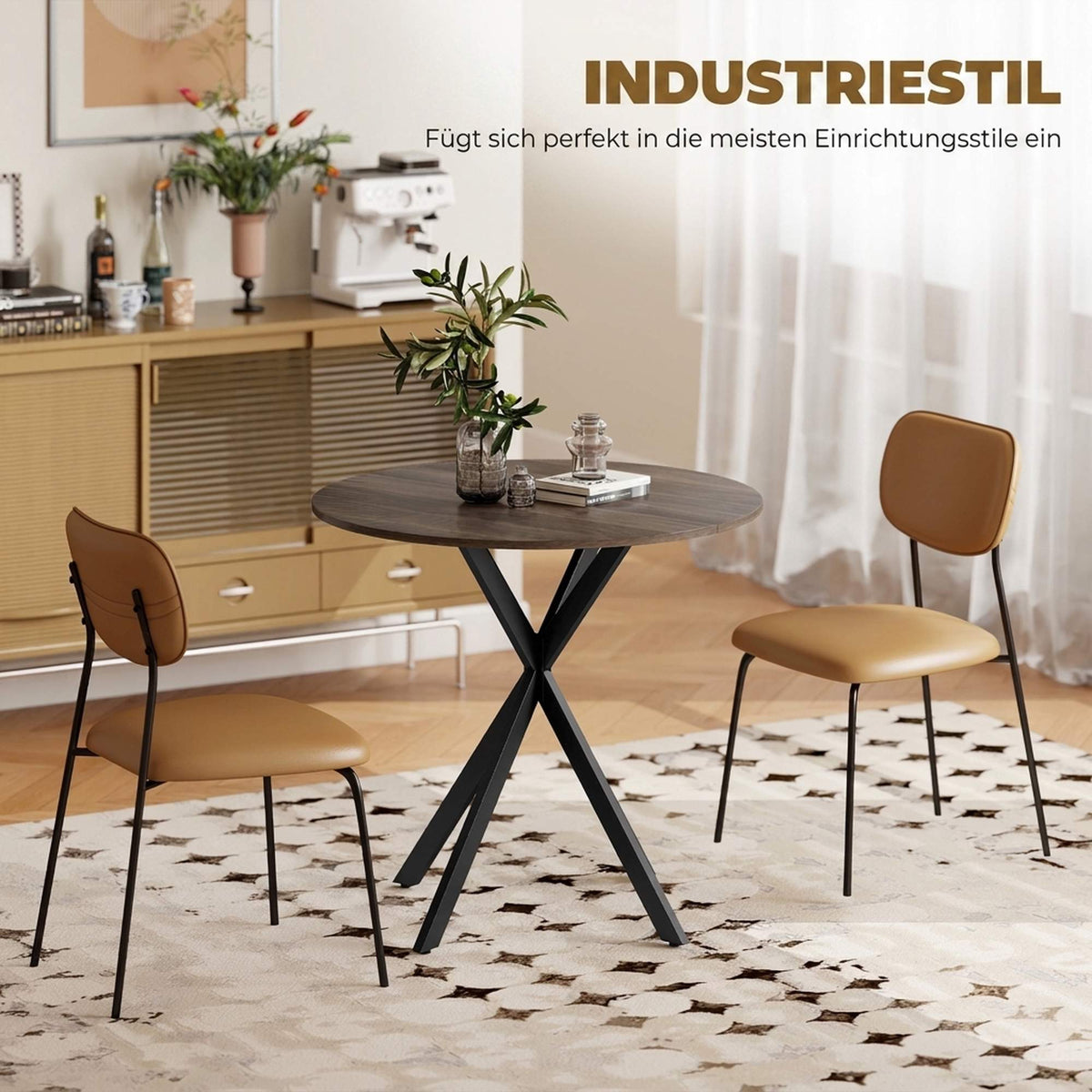 Round Dining Table, 80 cm, Wood Look, Metal Legs, Brown