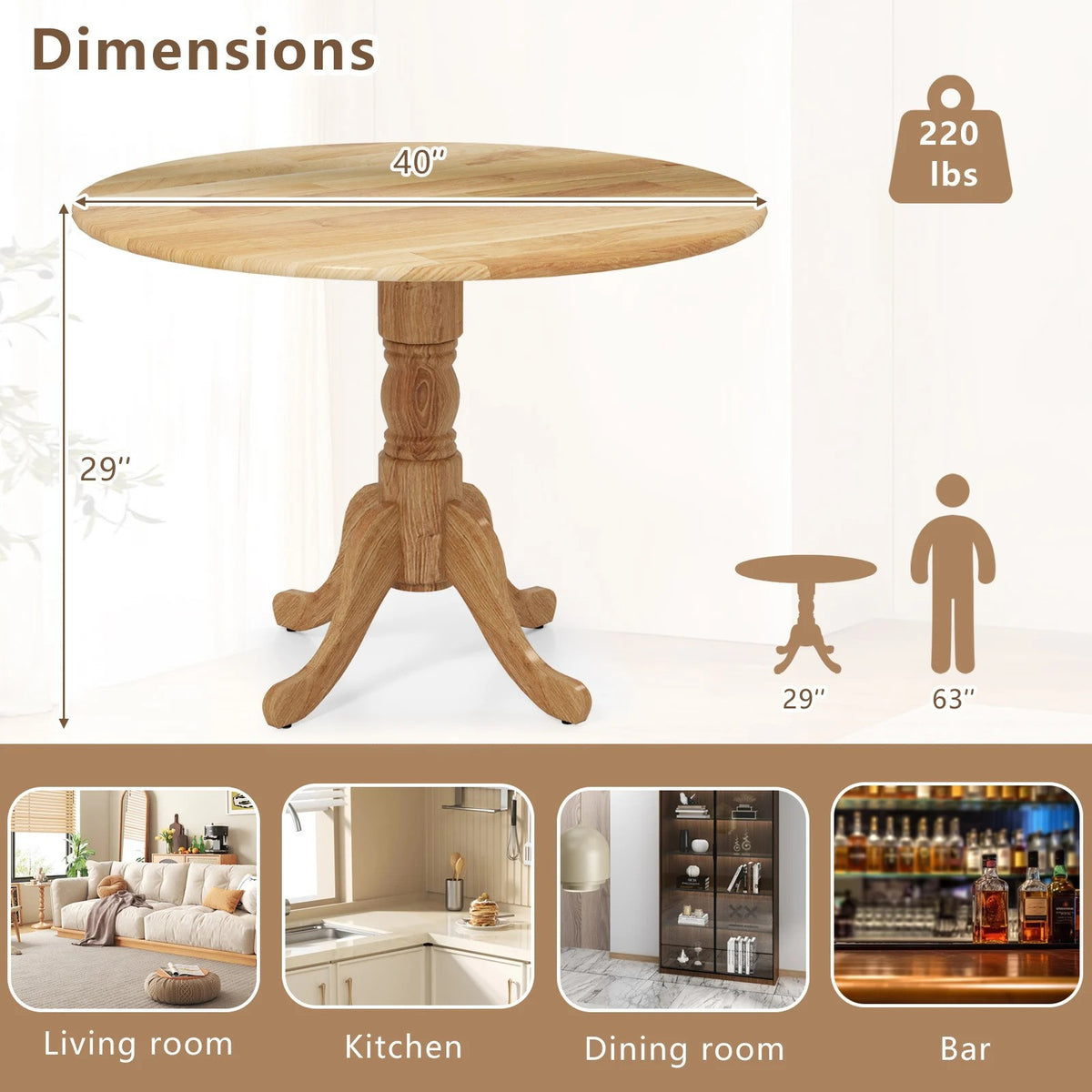 Round Dining Table, Rubber Wood, 40-Inch, Seats 4