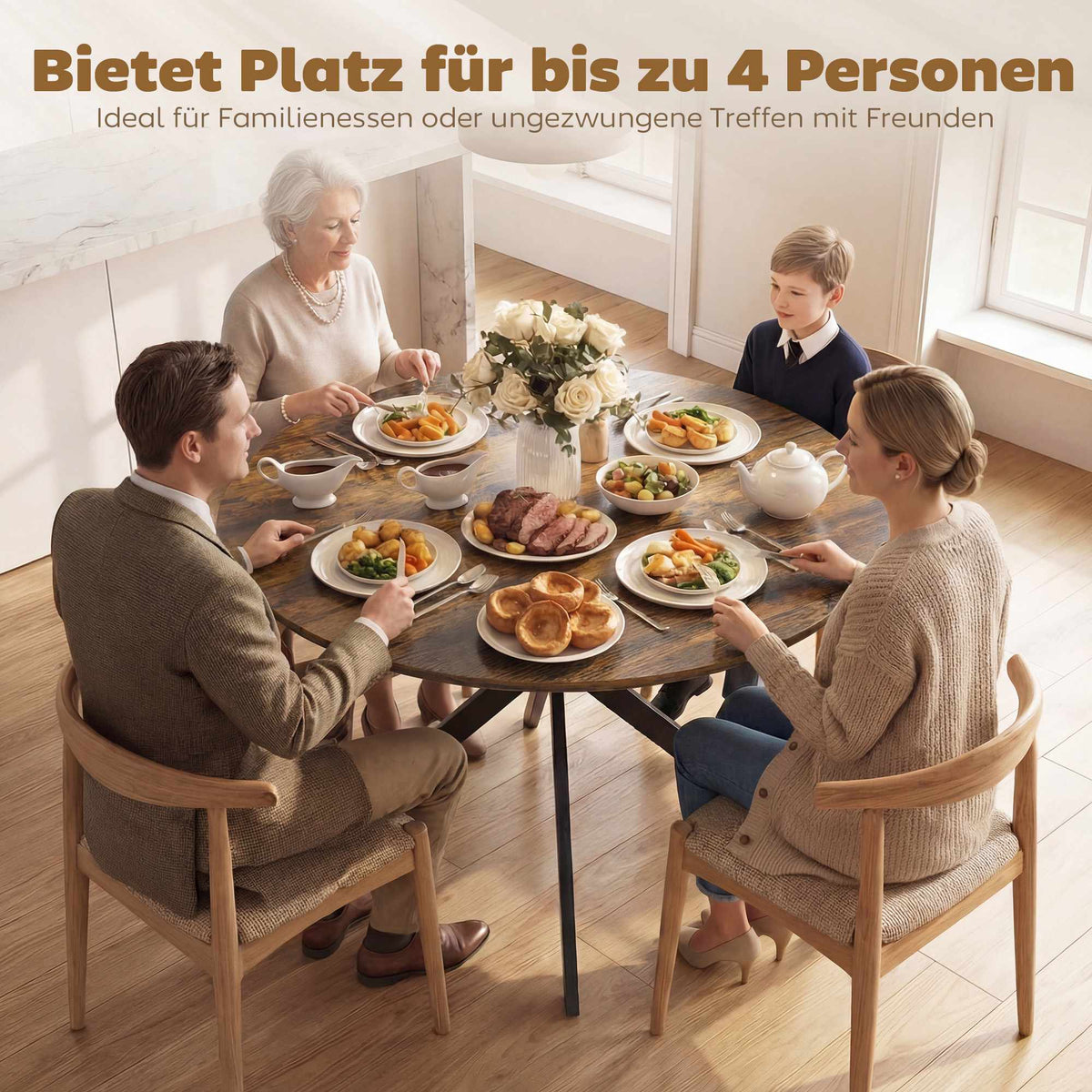 Round Dining Table, Wood Look, Seats 4, Adjustable Feet