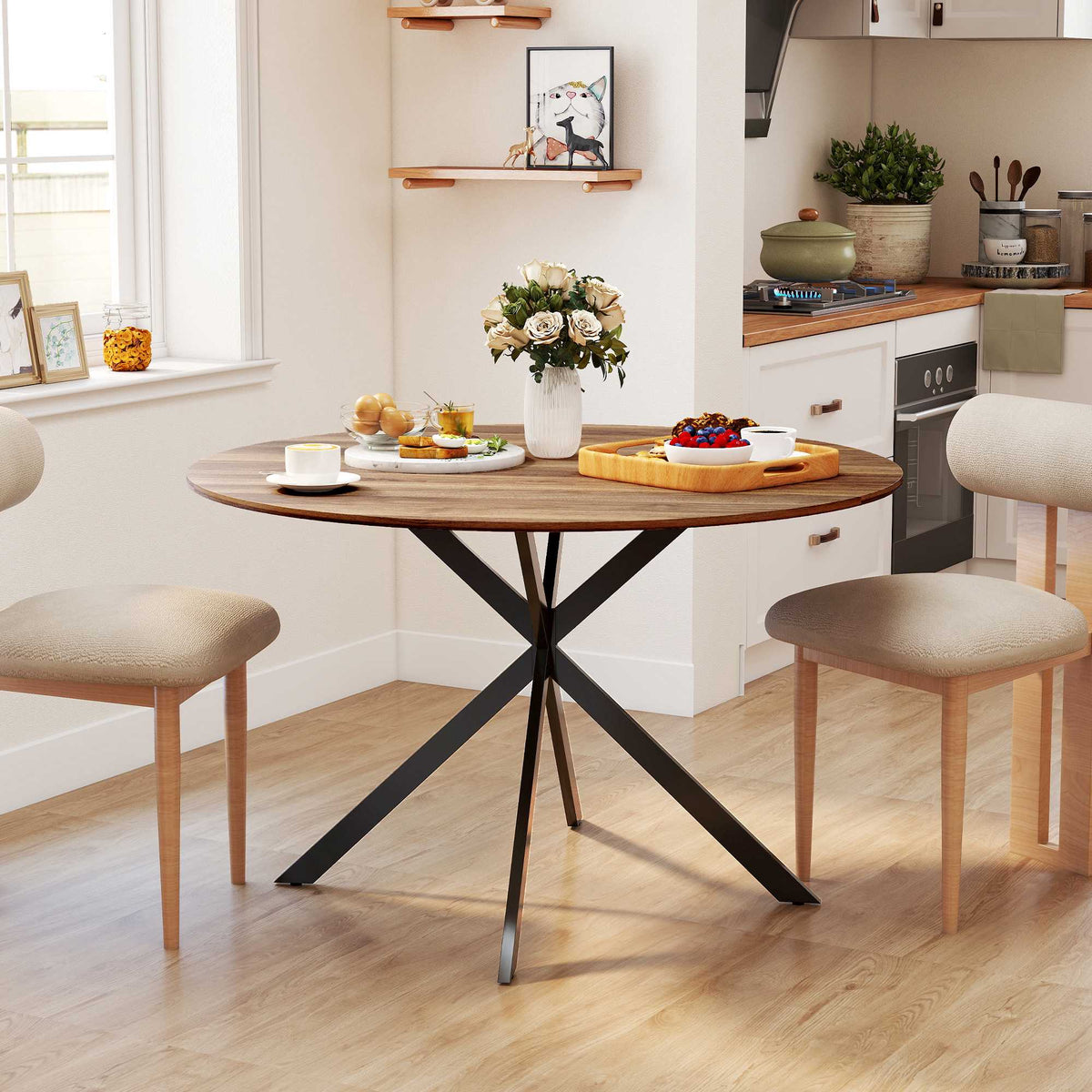 Round Dining Table for 4, Industrial Style, Dark Brown