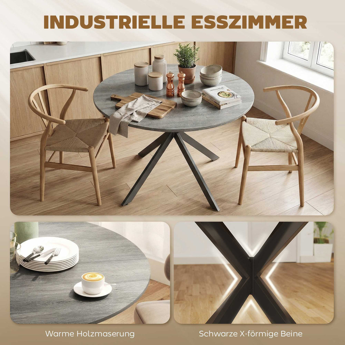 Round Dining Table for 4, Industrial Style, Grey