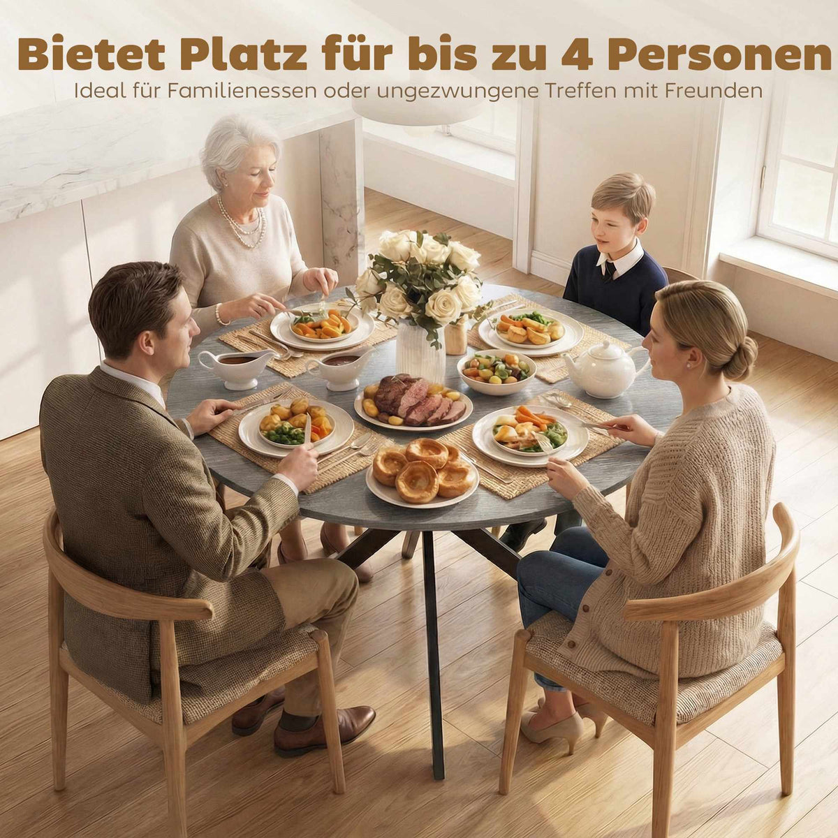 Round Dining Table for 4, Industrial Style, Grey