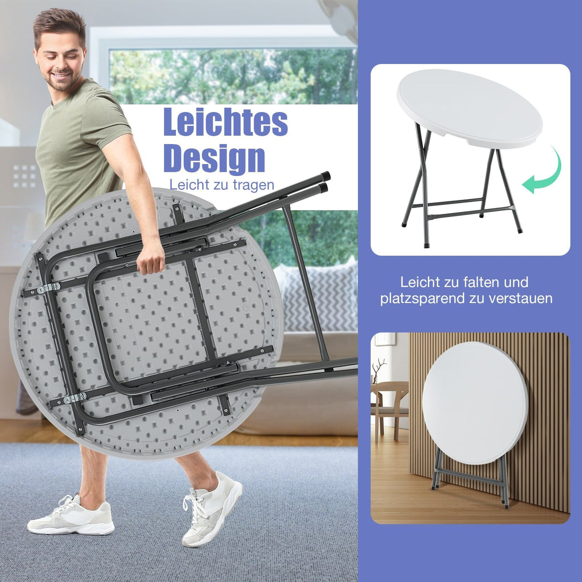 Round Folding Table, 81cm, Weatherproof HDPE, Metal Legs