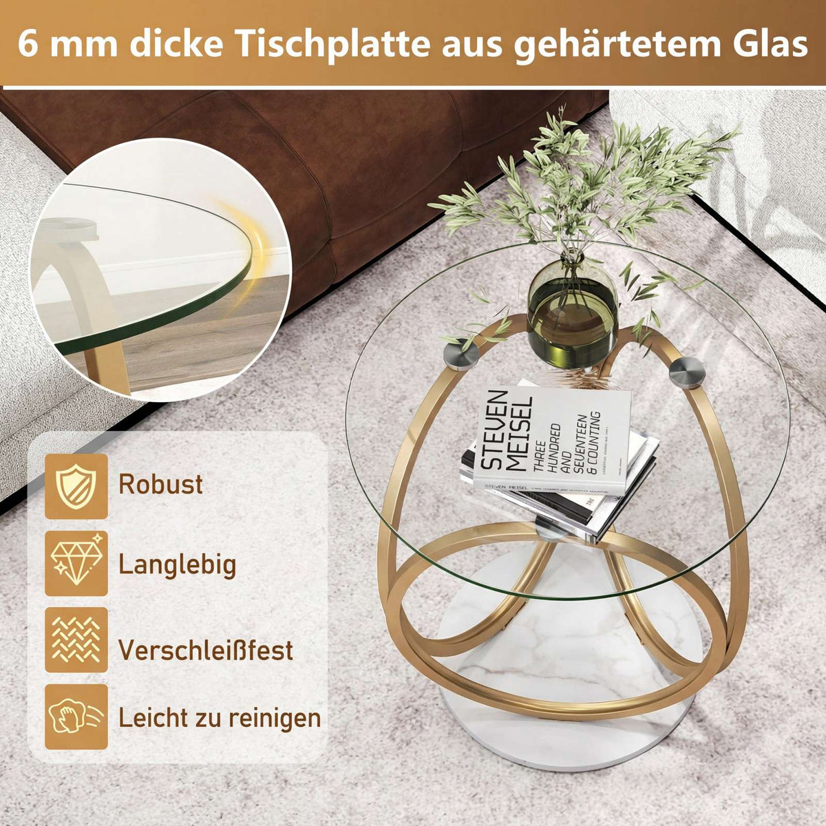 Round Glass Coffee Table with Gold Metal Frame