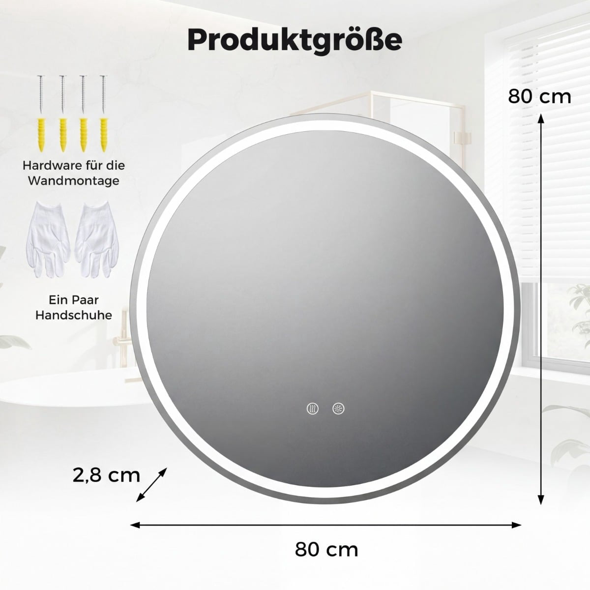 Round LED Bathroom Mirror, Adjustable Brightness, Ø80 cm