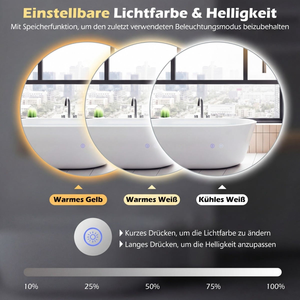 Round LED Bathroom Mirror, Adjustable Brightness & Anti-Fog