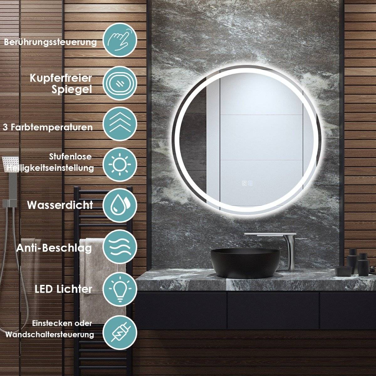 Round LED mirror bathroom mirror for wall mounting 3000 K-6000 K Ø 60 cm