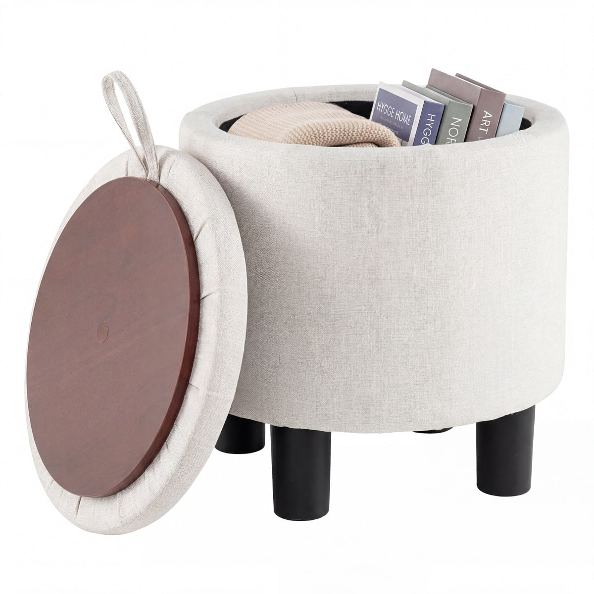Round Linen Ottoman with Storage, Beige, Ø38 cm