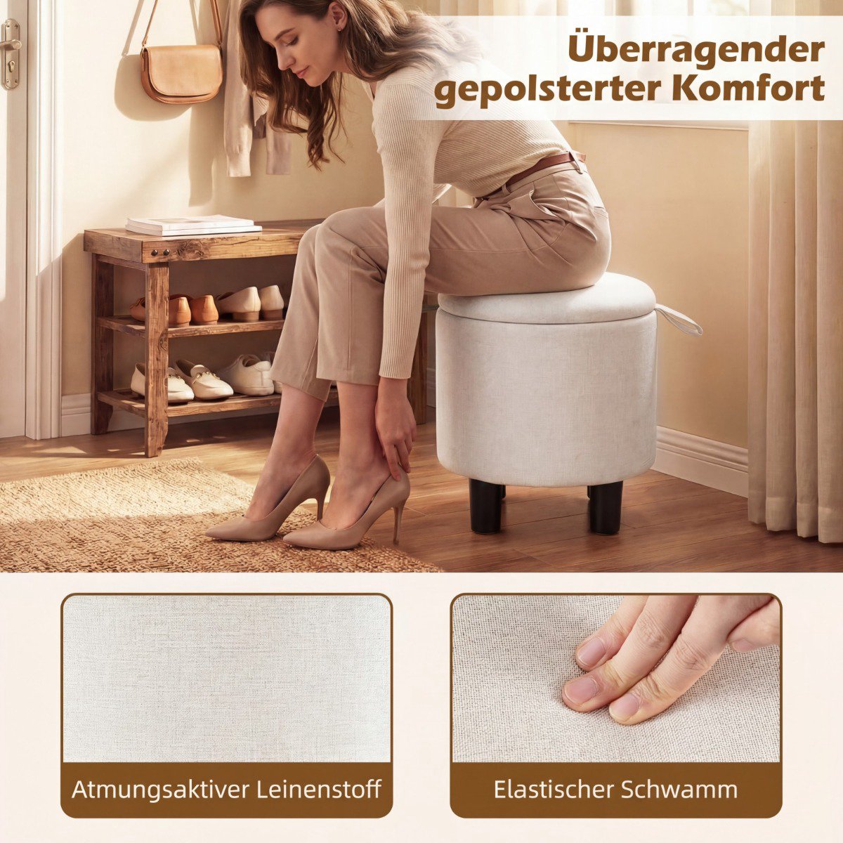 Round Linen Ottoman with Storage, Beige, Ø38 cm