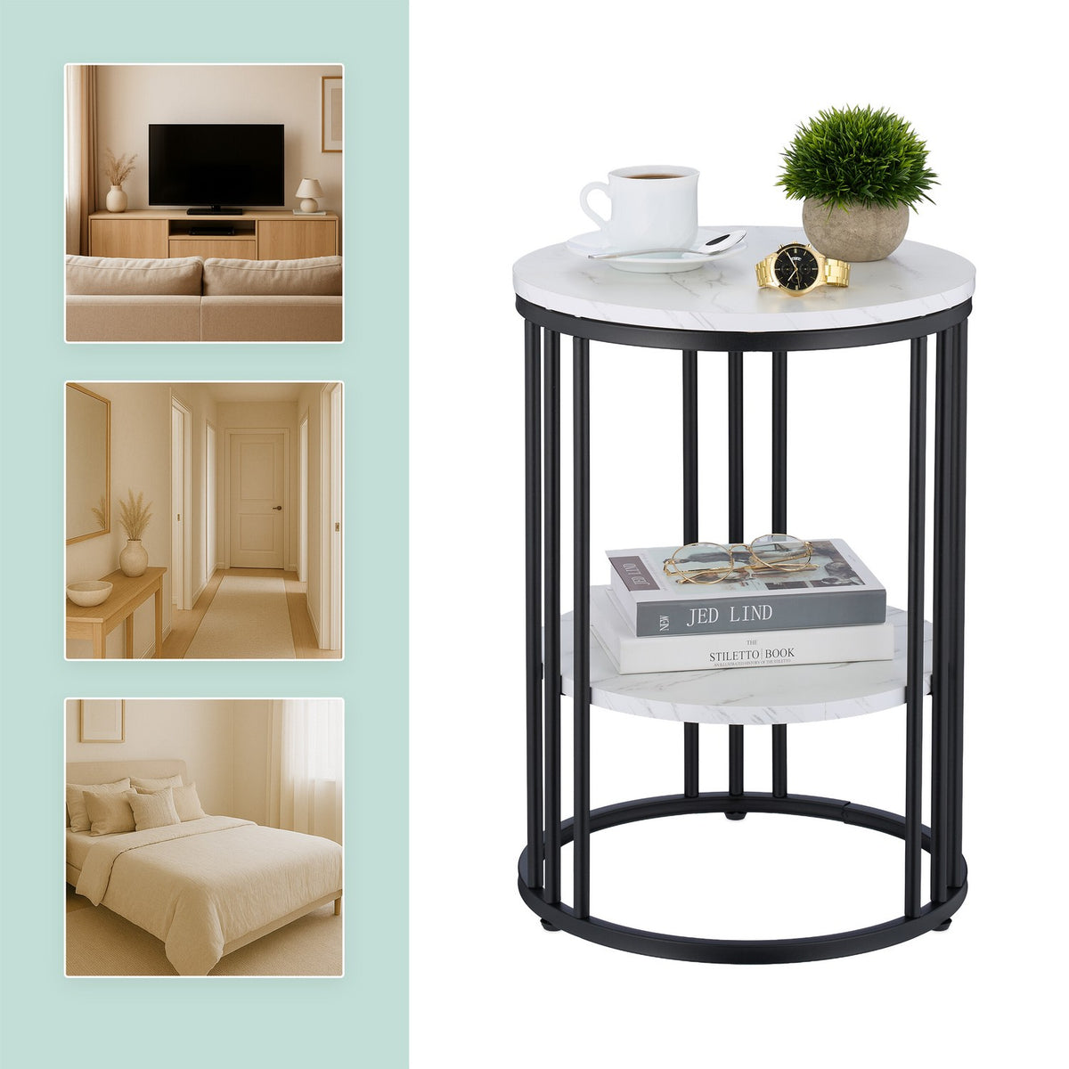 Round Marble Look Side Table with 2 Levels