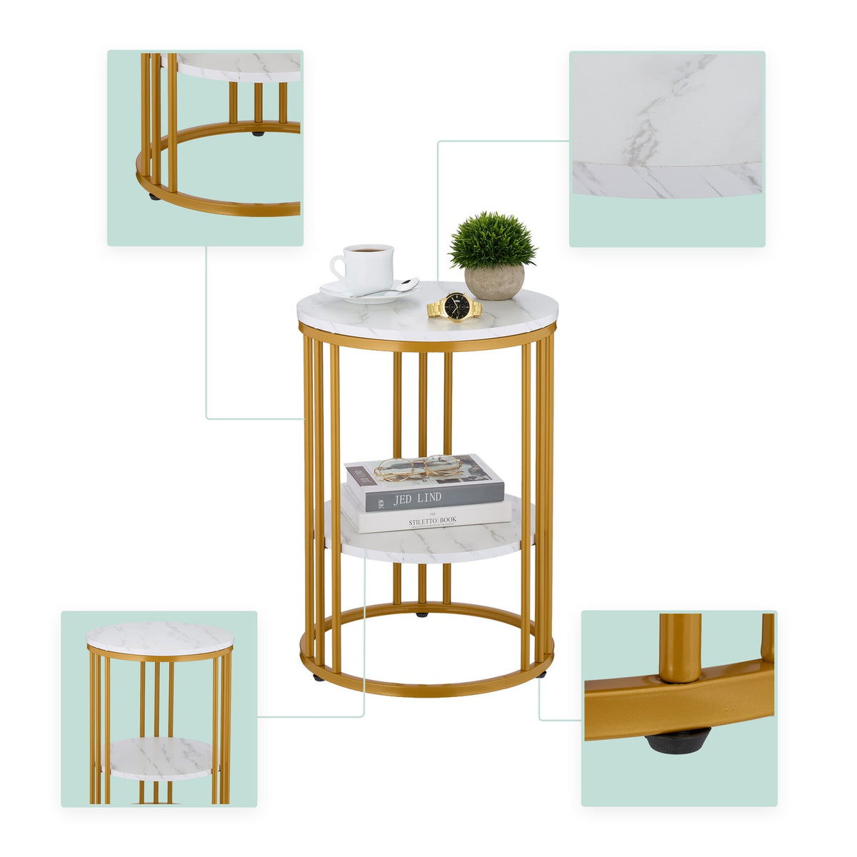 Round Marble Look Side Table with 2 Levels