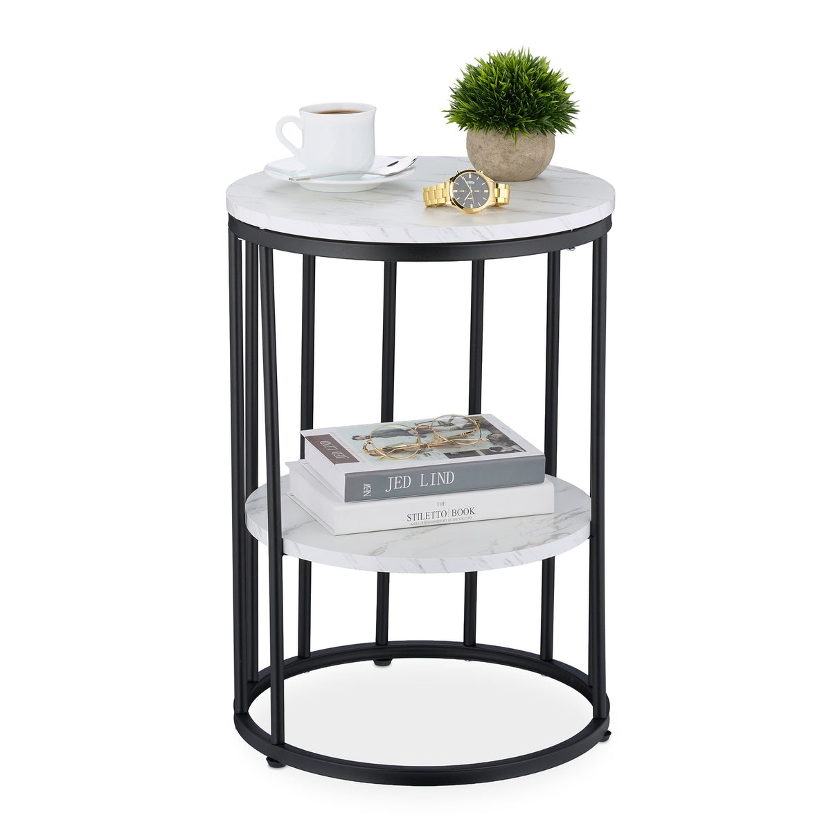 Round Marble Look Side Table with 2 Levels