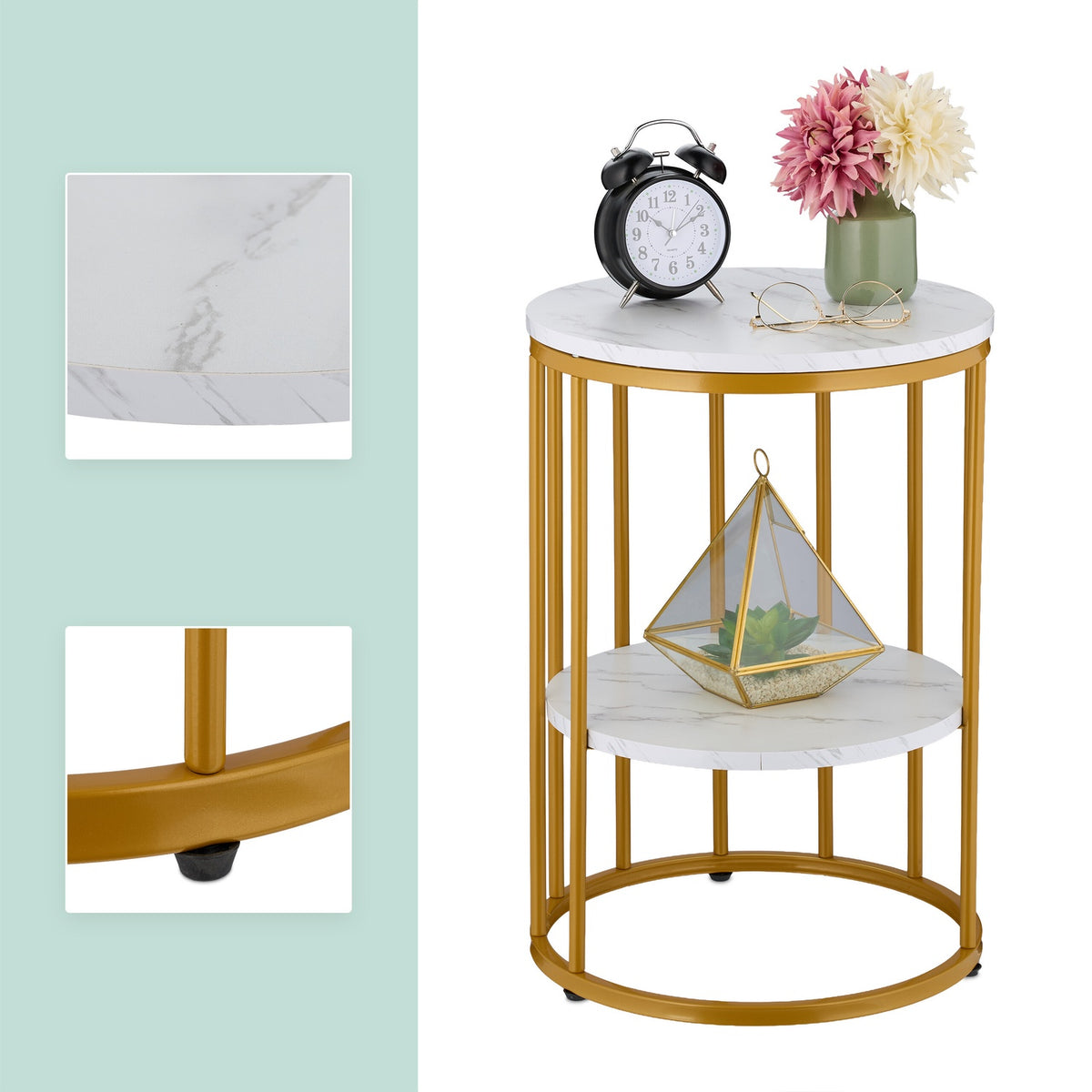 Round Marble Look Side Table with 2 Levels