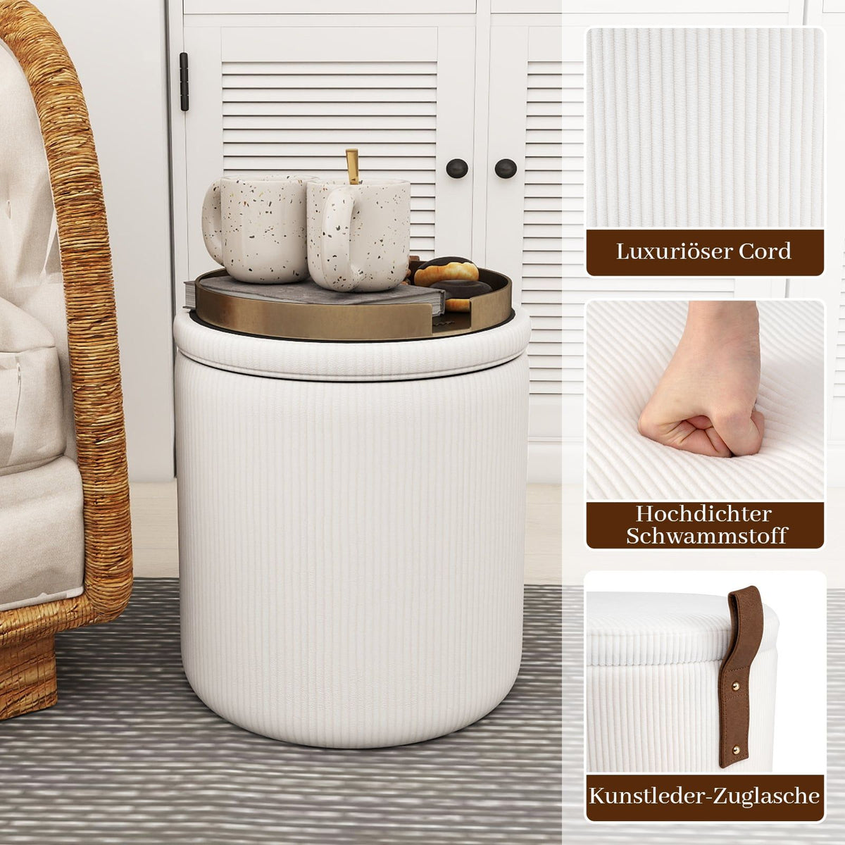 Round Ottoman Set with Storage, Corduroy, Nesting, White