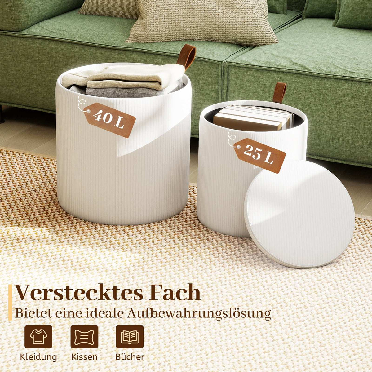 Round Ottoman Set with Storage, Corduroy, Nesting, White