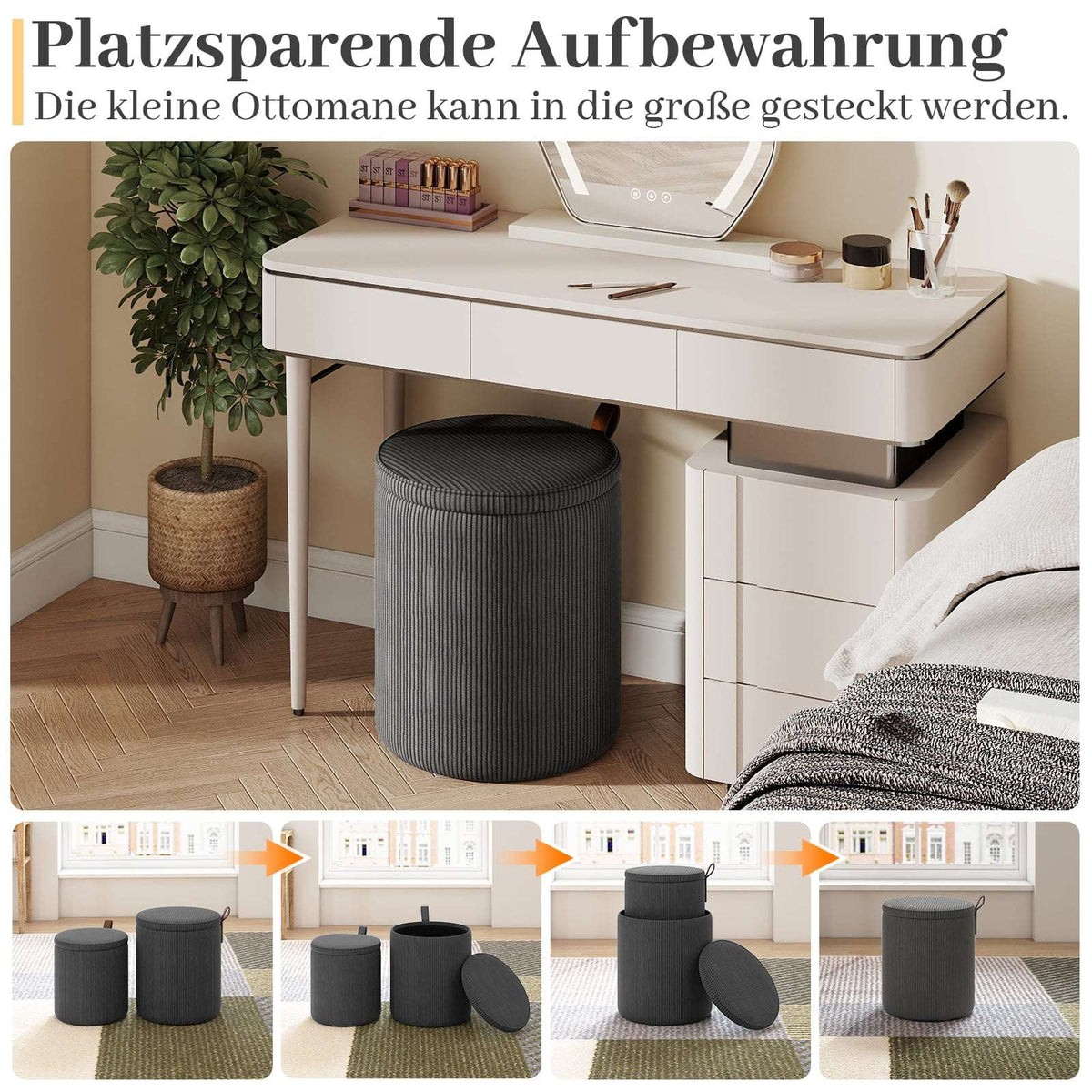Round Ottoman Set with Storage, Nesting, Corduroy, Gray