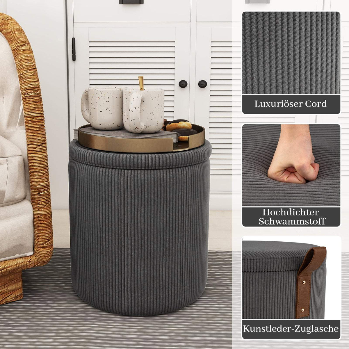 Round Ottoman Set with Storage, Nesting, Corduroy, Gray