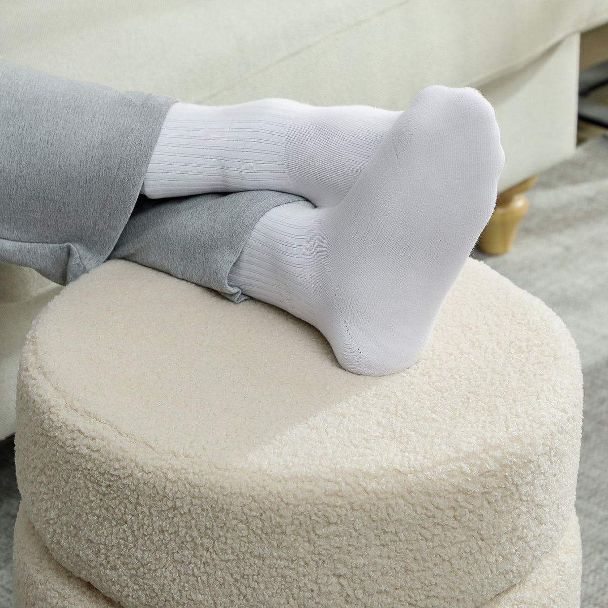 Round Ottoman, Teddy Fleece, 120kg Capacity, Beige