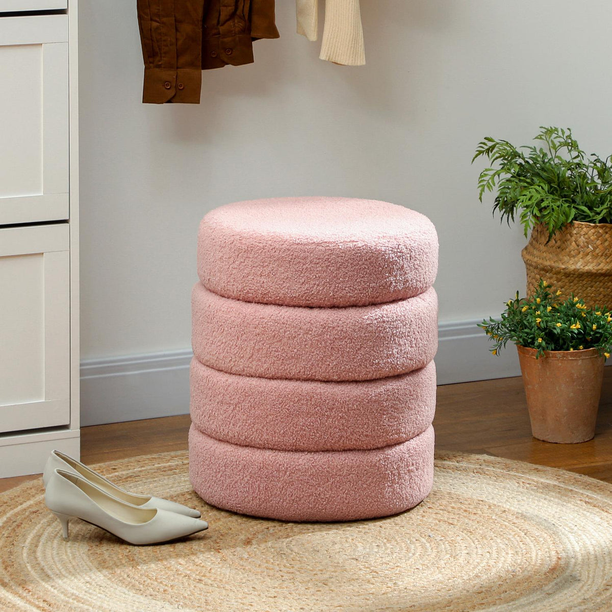 Round Ottoman, Teddy Fleece, Pink, 120kg Capacity, 40x45 cm