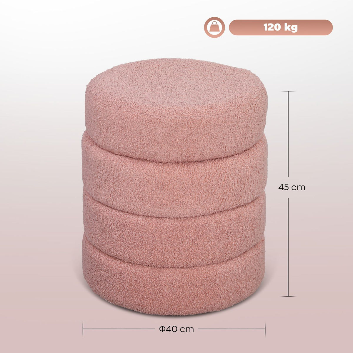 Round Ottoman, Teddy Fleece, Pink, 120kg Capacity, 40x45 cm