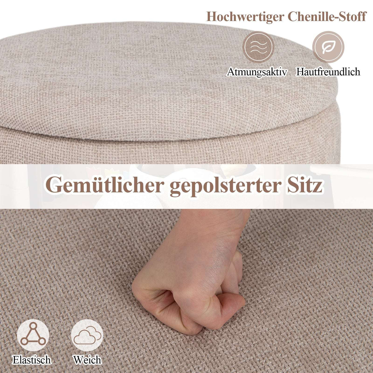 Round Ottoman with Storage, Removable Lid, Beige Chenille