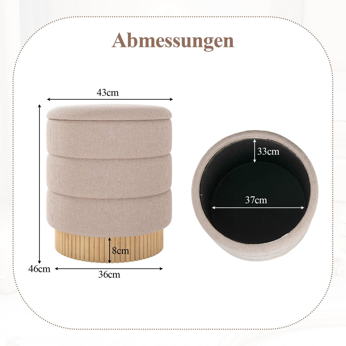 Round Ottoman with Storage, Removable Lid, Beige Chenille