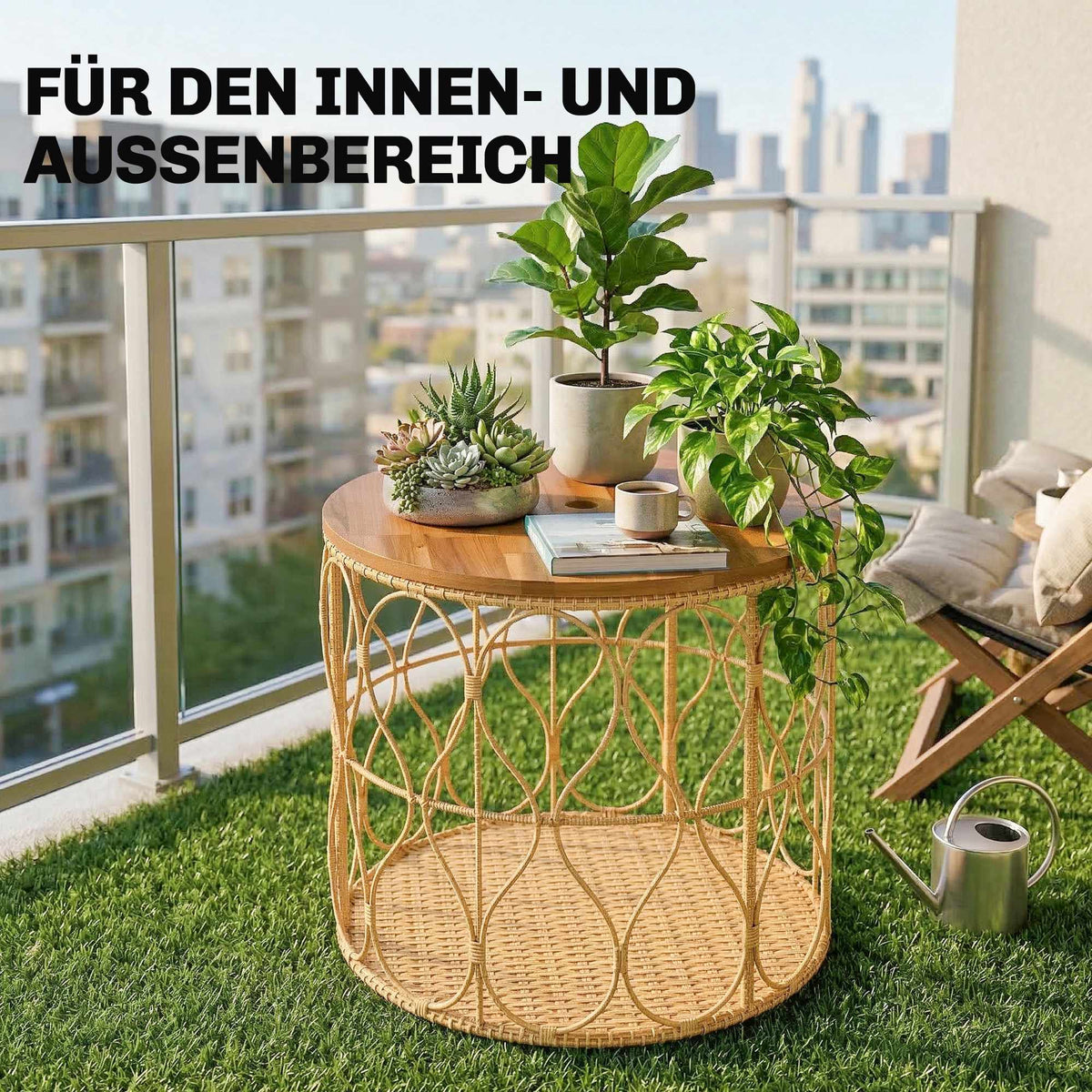 Round Outdoor Side Table, Acacia Wood Top, Rattan Look