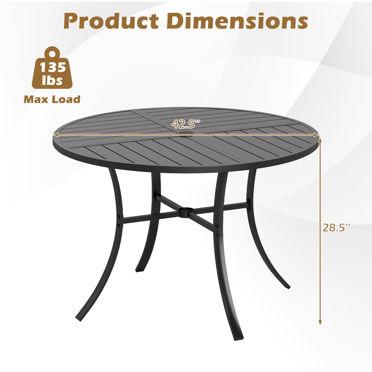 Round Patio Dining Table, 42.5 Inch Metal Slat, Umbrella Hole, Black