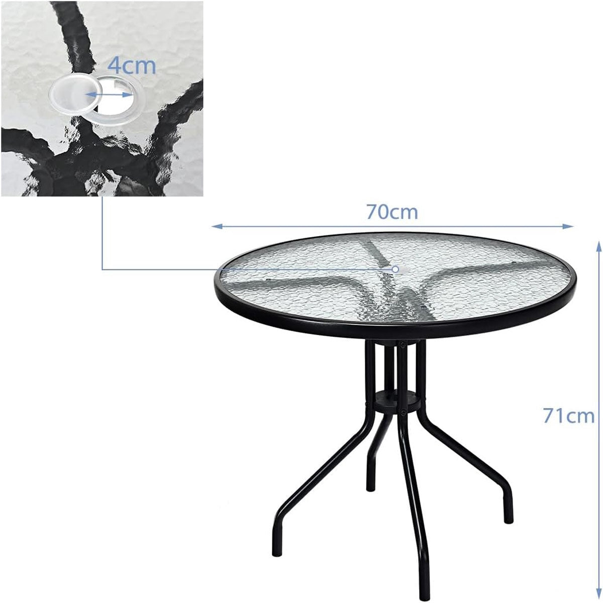 Round Patio Table 70cm, Tempered Glass, Umbrella Hole