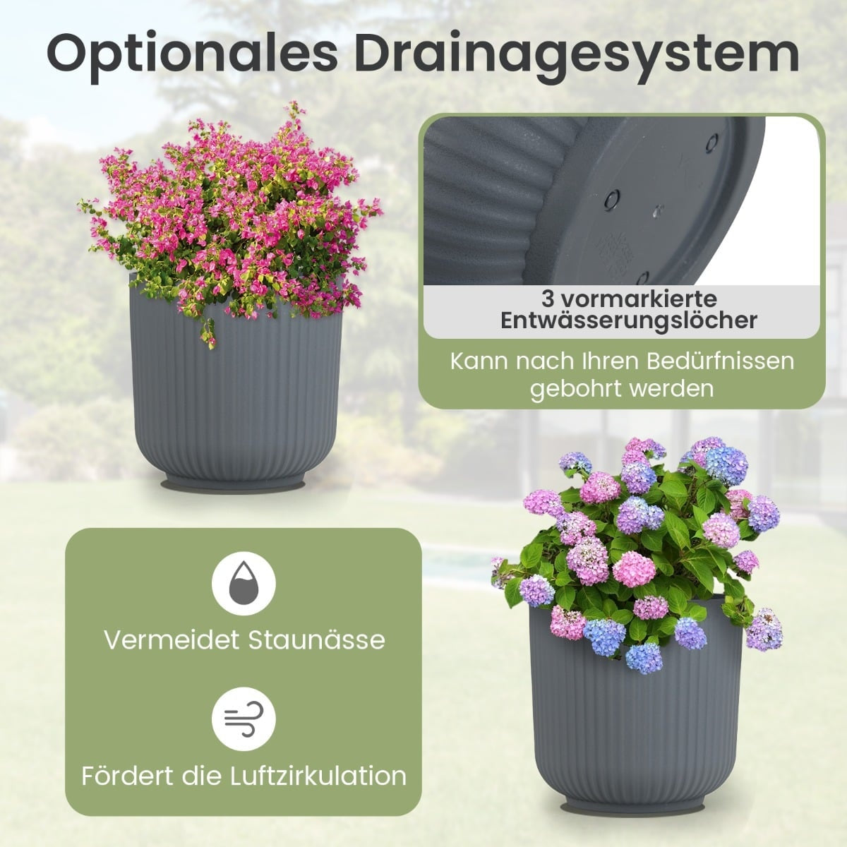 Round Planters with Drainage Holes, Set of 2, Gray